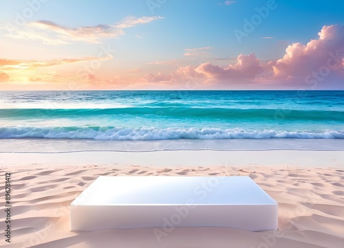 Empty Top Acrylic Podium Coastal Display Tranquil Beach White Sands Waves
