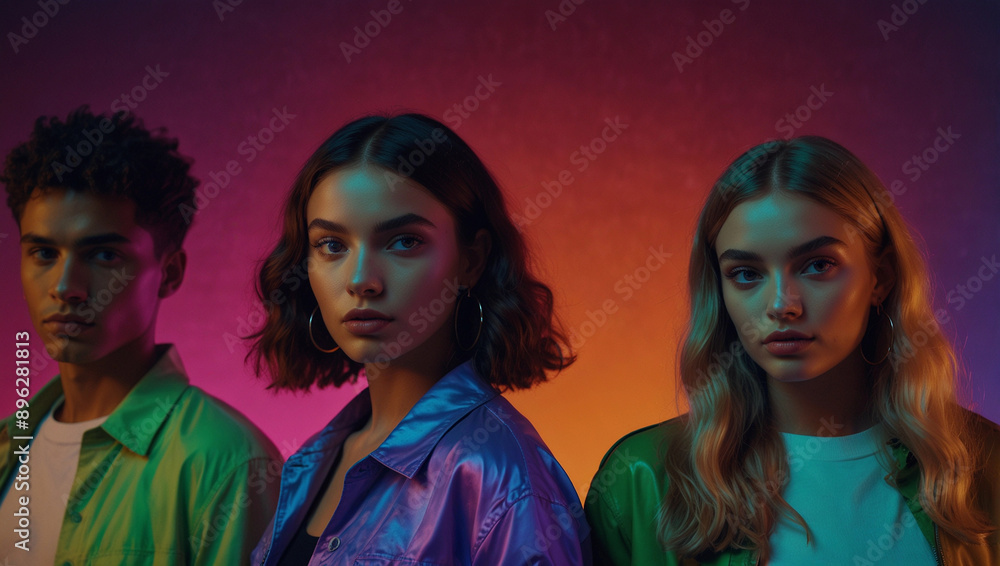 Diversity group of people stylish portraits of group of people on multicolored background in neon light Diversity group of people stylish portraits of group of people on multicolored background in neon light
