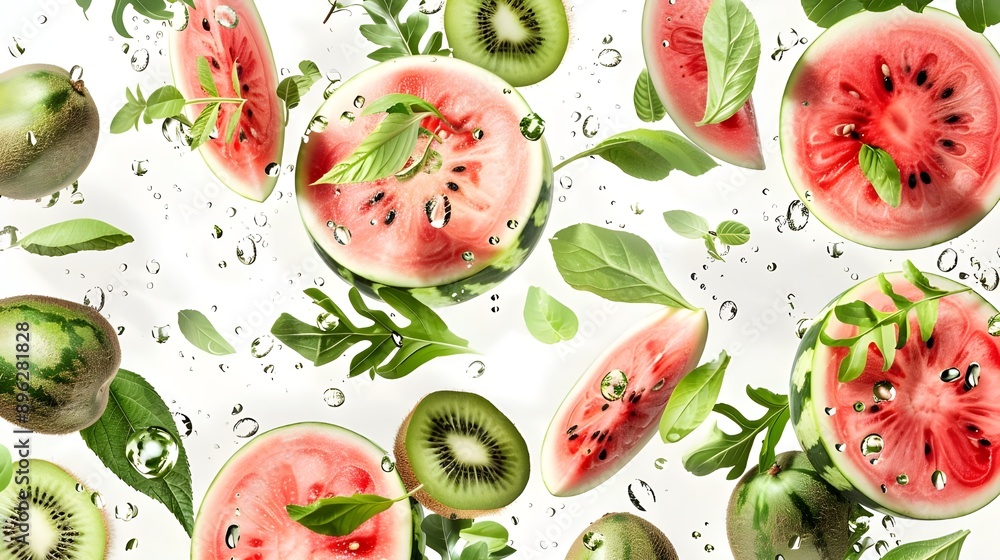 Watermelon slices and whole watermelon with green leaves Watermelon slices and whole watermelon with green leaves