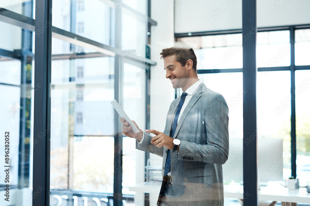 Glass, smile and tablet with business man in corporate office for administration or research. Accounting, financial management and trading with happy broker in workplace for stock market investment Glass, smile and tablet with business man in corporate office for administration or research. Accounting, financial management and trading with happy broker in workplace for stock market investment
