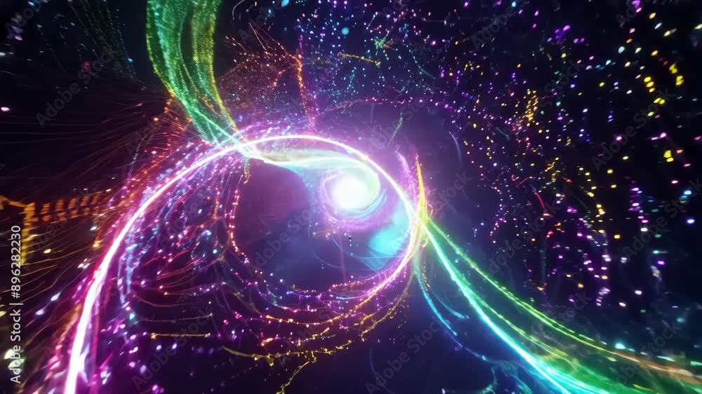 A colorful glowing object in the sky. The colors are bright and vibrant. The object is surrounded by a dark background