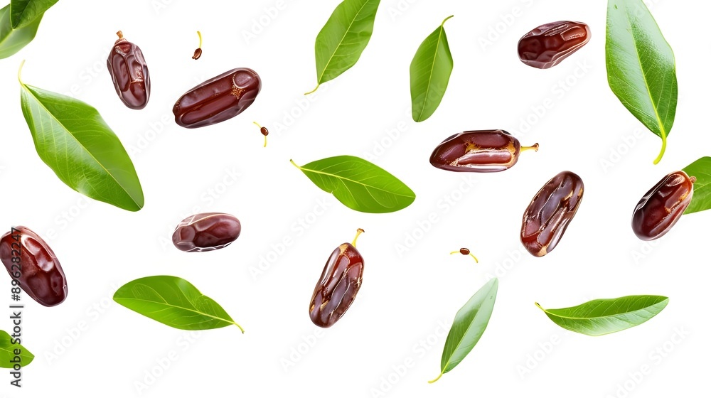 Naklejka premium Dates scattered with green leaves.