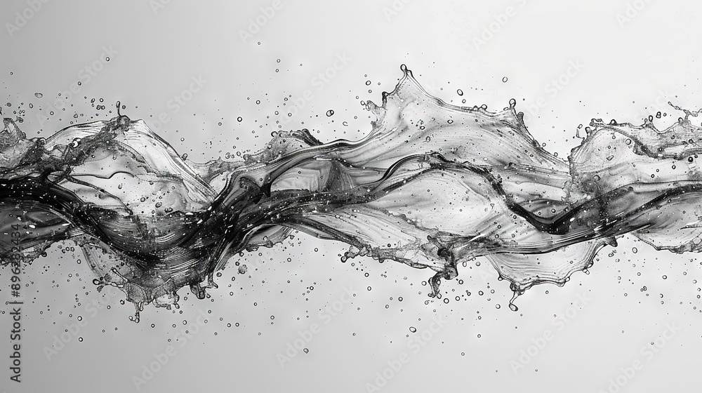 A monochrome image depicts water cascading from a white surface onto a dark backdrop A monochrome image depicts water cascading from a white surface onto a dark backdrop
