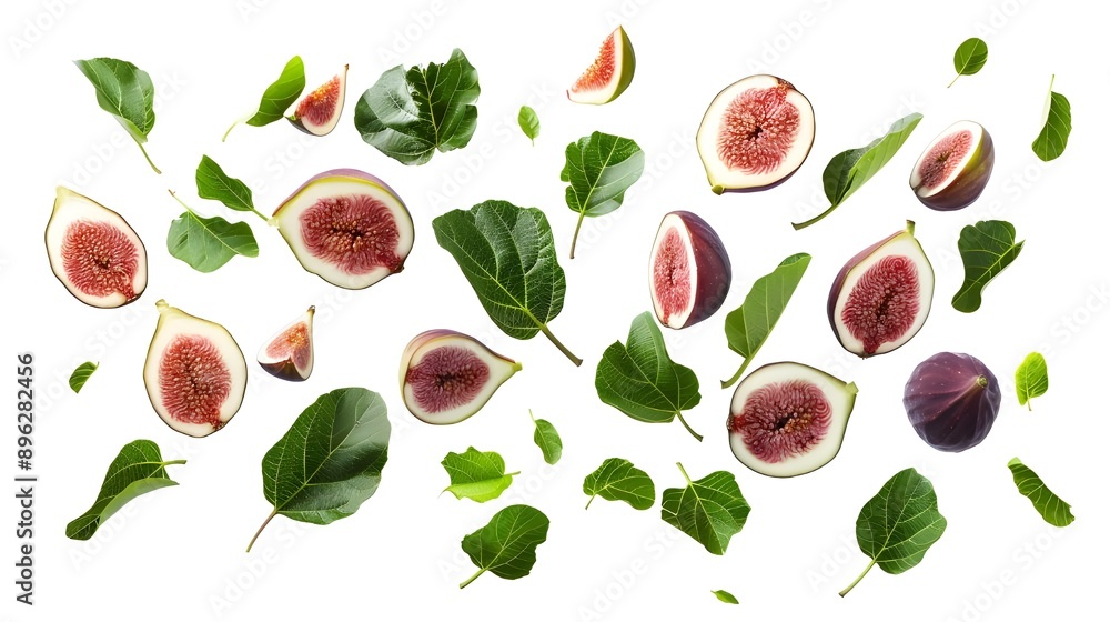 Assorted figs, whole and sliced, with leaves. Assorted figs, whole and sliced, with leaves.