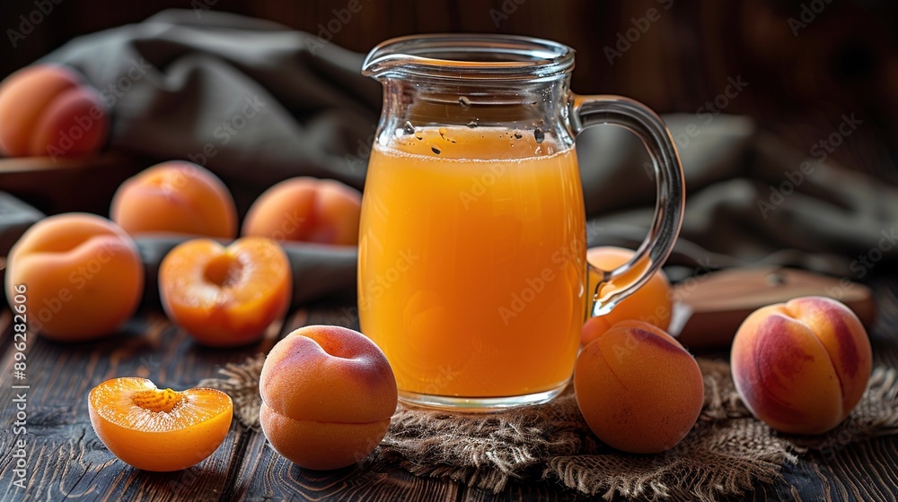 Glass pitcher with orange juice and peaches on wooden table with cloths Glass pitcher with orange juice and peaches on wooden table with cloths