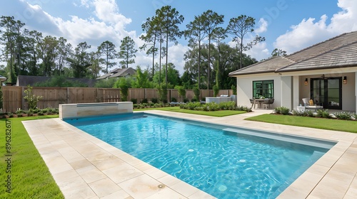 A rectangular new swimming pool with tan concrete edges in the fenced backyard of a new construction house