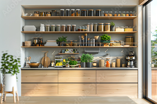 Modern Kitchen Storage Solutions Featuring Sleek Cabinets, Wall-Mounted Shelves, and Well-Organized Pantry