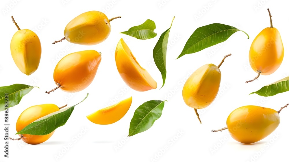 Fresh mango slices and whole mangoes elegantly displayed with green leaves. Fresh mango slices and whole mangoes elegantly displayed with green leaves.