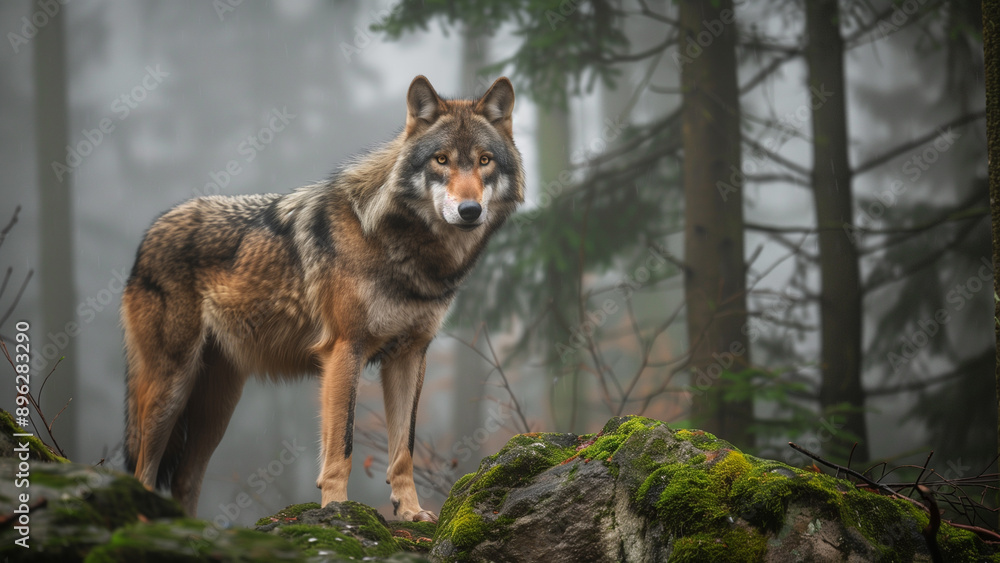 Mystic Forest: A Wolf Amidst the Fog and Moss Mystic Forest: A Wolf Amidst the Fog and Moss