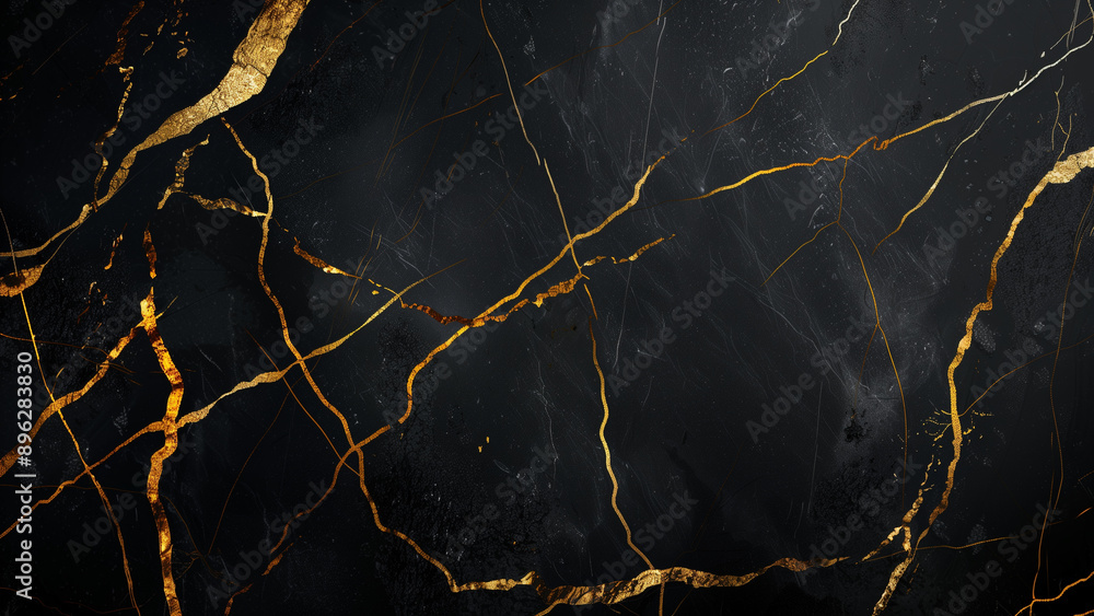 Striking Contrast: Shiny Gold Cracks on a Black Marble Background Striking Contrast: Shiny Gold Cracks on a Black Marble Background