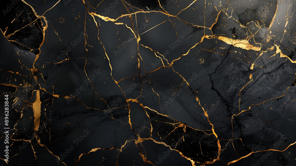 Striking Contrast: Shiny Gold Cracks on a Black Marble Background Striking Contrast: Shiny Gold Cracks on a Black Marble Background