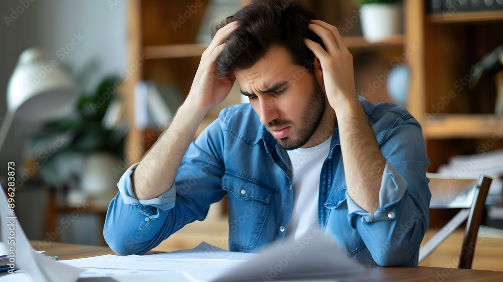 Young businessman sitting at desk in office and holding head, upset and worried reading documents, agreement, report Young businessman sitting at desk in office and holding head, upset and worried reading documents, agreement, report