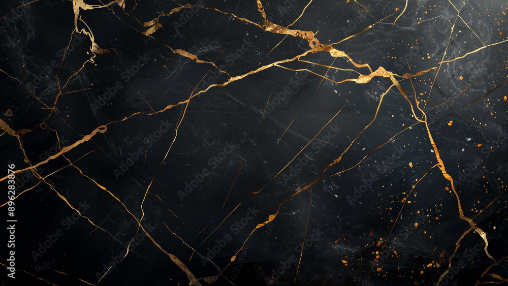 Striking Contrast: Shiny Gold Cracks on a Black Marble Background Striking Contrast: Shiny Gold Cracks on a Black Marble Background