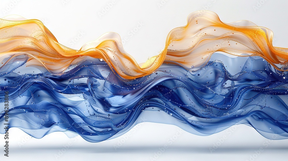 Blue, yellow, and white wave of liquid on white background with water reflection below Blue, yellow, and white wave of liquid on white background with water reflection below