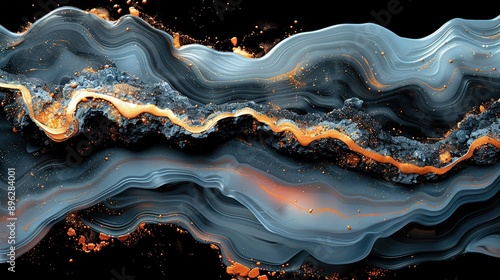  A wave of blue and orange liquid with gold sprinkles on a black background