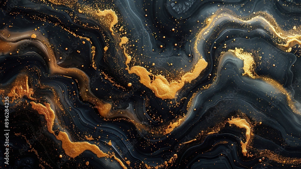 An abstract painting of golden swirls, dots and flecks on a monochromatic marbled surface An abstract painting of golden swirls, dots and flecks on a monochromatic marbled surface