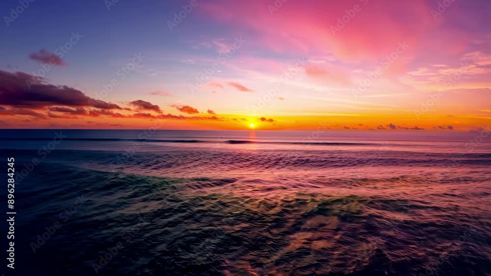 The ocean is calm and the sky is a beautiful mix of pink and orange hues. The sun is setting, casting a warm glow over the water The ocean is calm and the sky is a beautiful mix of pink and orange hues. The sun is setting, casting a warm glow over the water