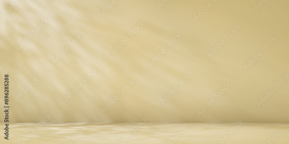 Beige minimalist studio for product presentation. Empty room with shadows of tree leaves. 3d room background with copy space. 3d render illustration Beige minimalist studio for product presentation. Empty room with shadows of tree leaves. 3d room background with copy space. 3d render illustration