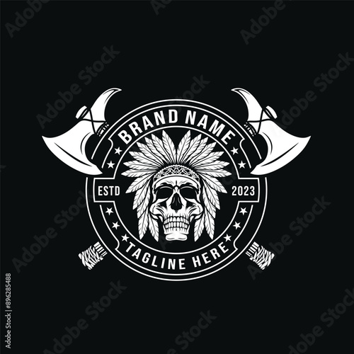 Indian skull head, skull and crossed tomahawk in vintage style, for label, badge or logo design