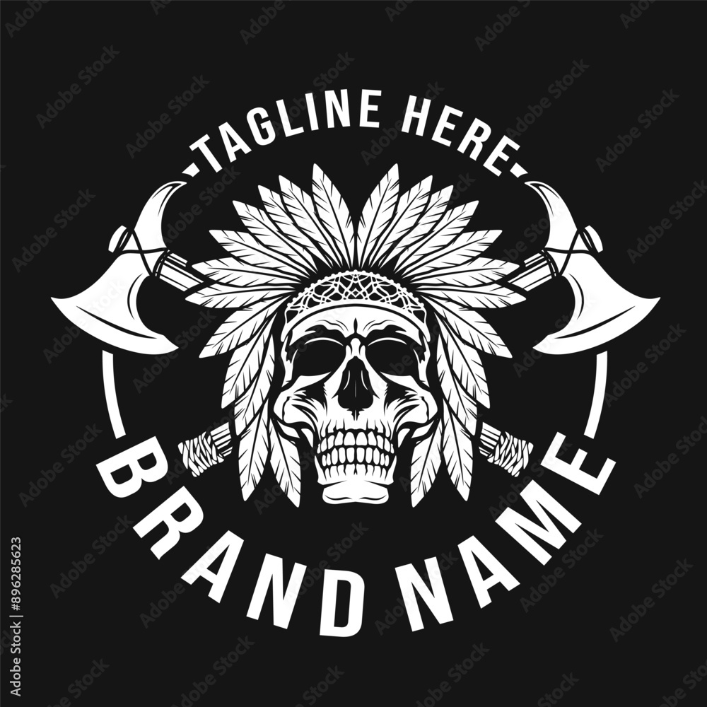 Fototapeta premium American indian skull. with traditional feather decoration on the head and crossed tomahawk. design for logo, emblem, sign, poster, or label. Vector illustration