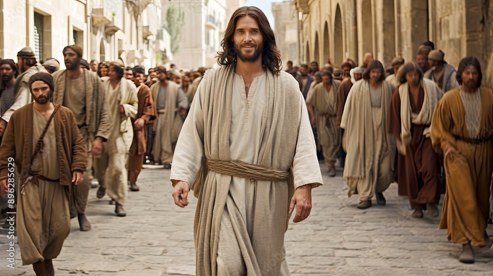 Jesus walking on streets of Jerusalem. Jesus walking on streets of Jerusalem.