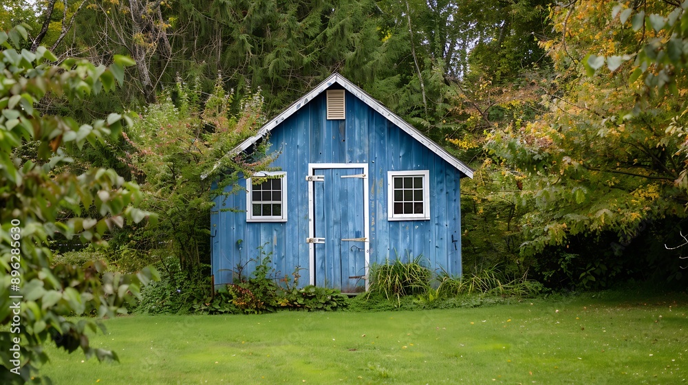 A rustic looking blue colored woodshed with white trim in a backyard surrounded by green colored lawn grass and mature maple trees A rustic looking blue colored woodshed with white trim in a backyard surrounded by green colored lawn grass and mature maple trees