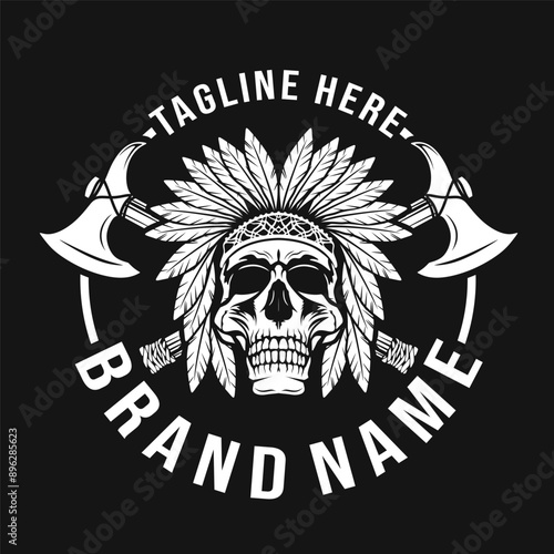 American indian skull. with traditional feather decoration on the head and crossed tomahawk. design for logo, emblem, sign, poster, or label. Vector illustration