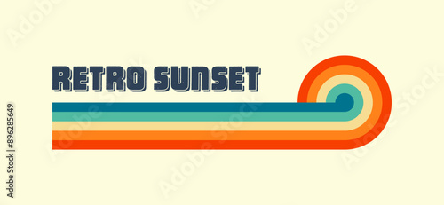 Horizontal vintage sunset. Various colorful striped sunrise badges in 80s and 90s style. Sun and ocean view, summer vibes, surfing. Design element, print, logo or t-shirt. Vector illustration