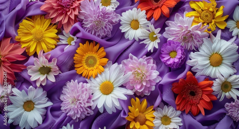 A vibrant display of various flowers, including daisies and chrysanthemums, arranged in an array on purple fabric Generative AI A vibrant display of various flowers, including daisies and chrysanthemums, arranged in an array on purple fabric Generative AI