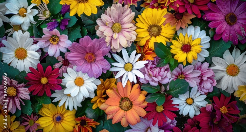 A vibrant mix of various flowers, including daisies and chrysanthemums in full bloom, with some showing signs of saturation, set against an abstract background Generative AI A vibrant mix of various flowers, including daisies and chrysanthemums in full bloom, with some showing signs of saturation, set against an abstract background Generative AI
