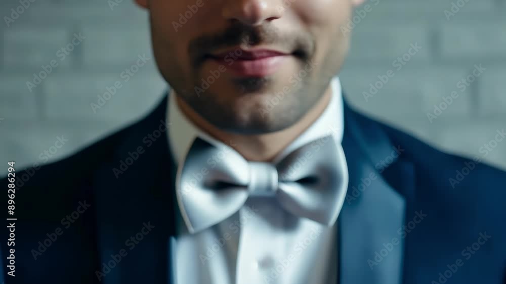 A man in a blue suit and white shirt with a grey bow tie. The man is wearing a suit and tie and has a serious expression on his face A man in a blue suit and white shirt with a grey bow tie. The man is wearing a suit and tie and has a serious expression on his face