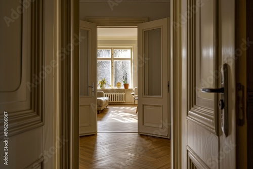 Interior of a classic room with wooden floor and a large window