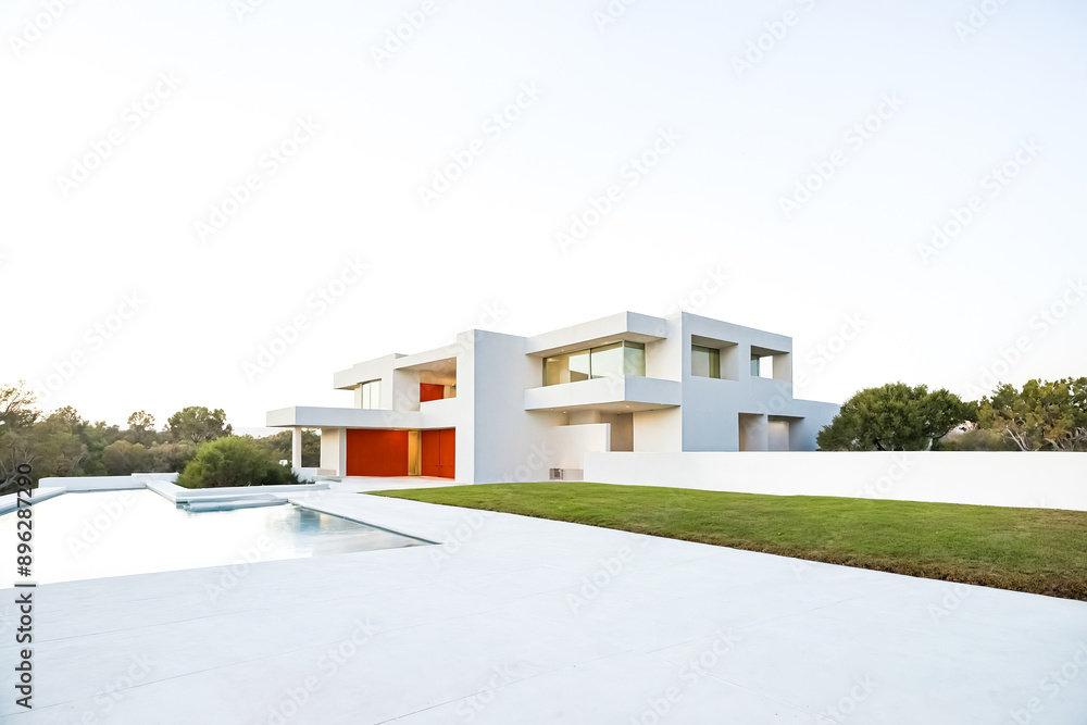 Modern villa with swimming pool and lush green lawn Modern villa with swimming pool and lush green lawn