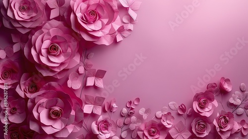  Pink paper flowers on pink background with name space in bottom right corner