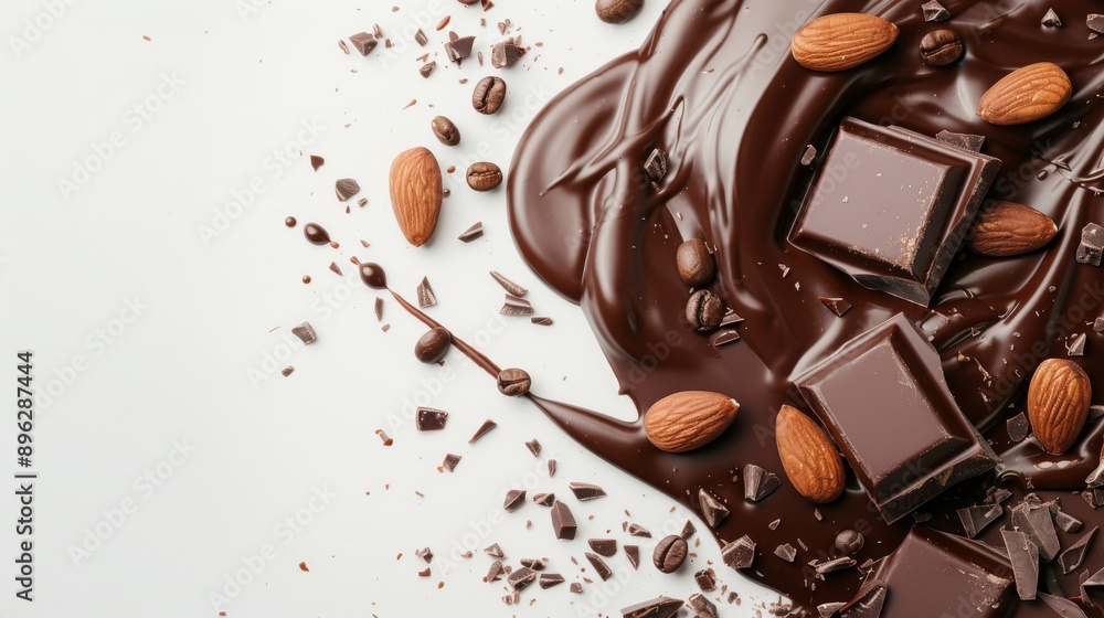 Chocolate, melted chocolate, coffee and almond on white background 