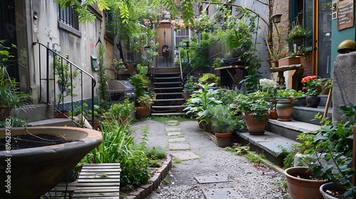 Fototapeta Naklejka Na Ścianę i Meble -  A small urban backyard garden in downtown