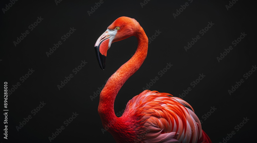 Fototapeta premium A stunning flamingo with vibrant pink feathers stands out against a dark backdrop.