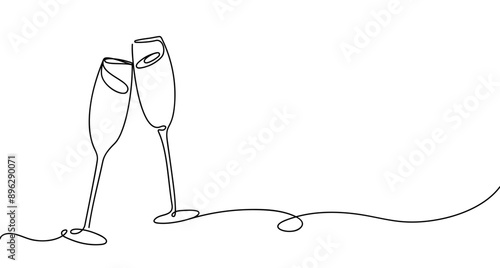 Two champagne glasses in line art style. Clinking glasses for celebration, new year, anniversary. Editable stroke	