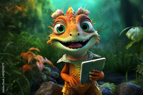 Adorable cartoon lizard holding a tablet in a forest