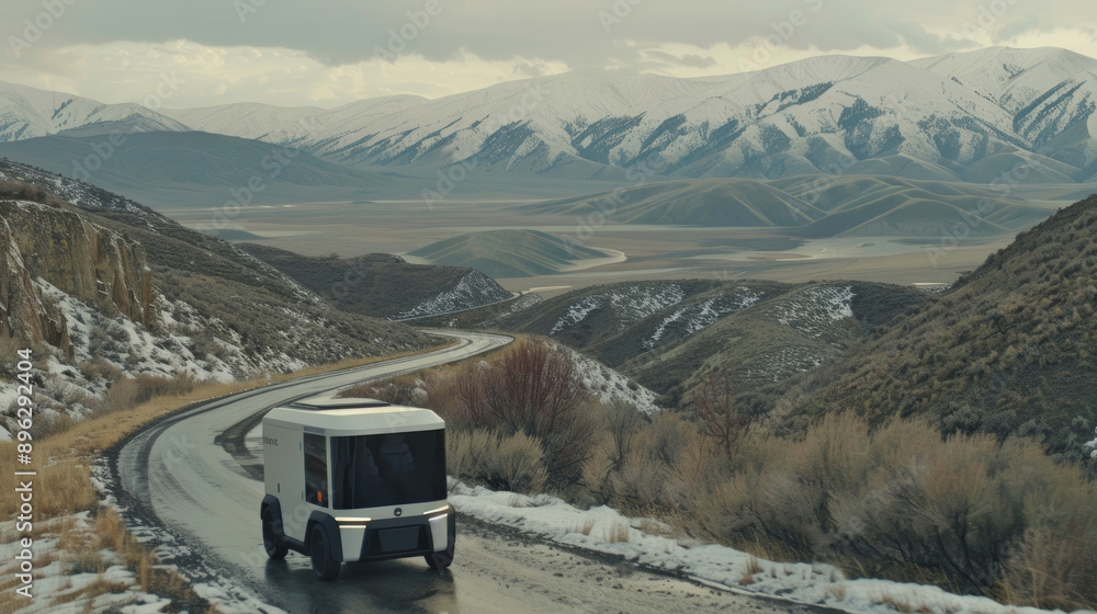 A white electric van drives on a winding mountain road with snow-capped peaks in the background A white electric van drives on a winding mountain road with snow-capped peaks in the background