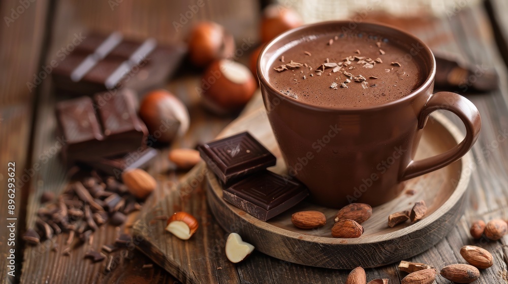 Hazelnut hot chocolate with chocolate next to it on wooden table Hazelnut hot chocolate with chocolate next to it on wooden table
