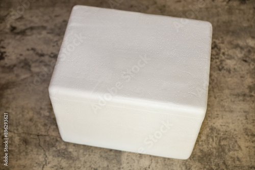 A Styrofoam shipping cooler. Insulated foam shipper box.