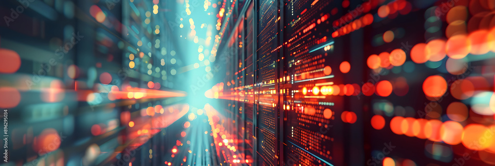 Fototapeta premium Abstract data center background, database in terminal storage, hardware server room, cloud computing, networking and hosting in rack system