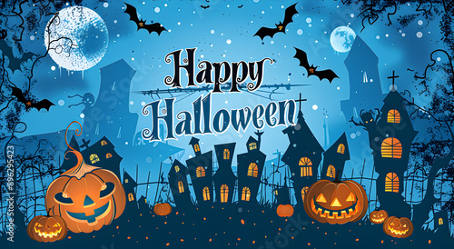 Halloween Greetings. Happy Halloween text in blue space with pumpkin, skull and bat.