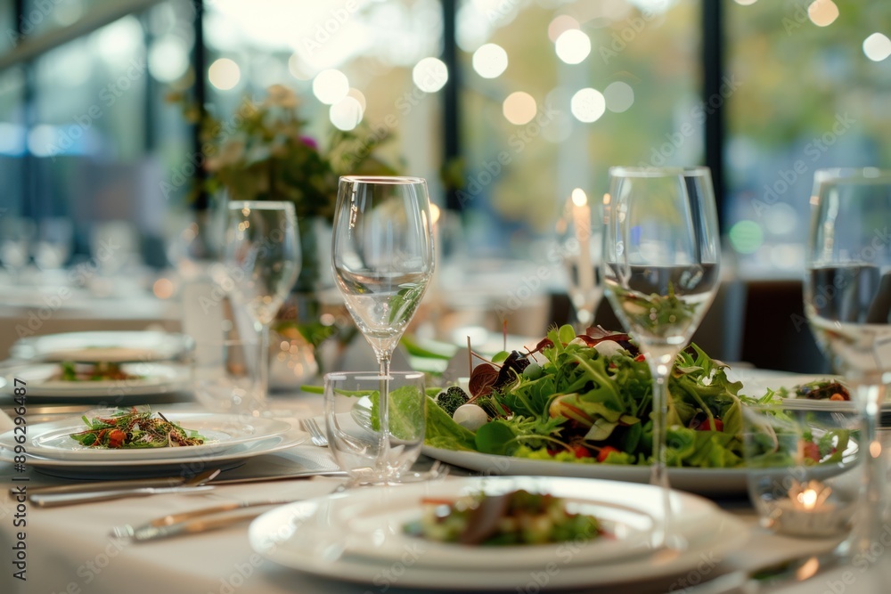 Elegant Table Setting with Salad and Wine Glasses Elegant Table Setting with Salad and Wine Glasses