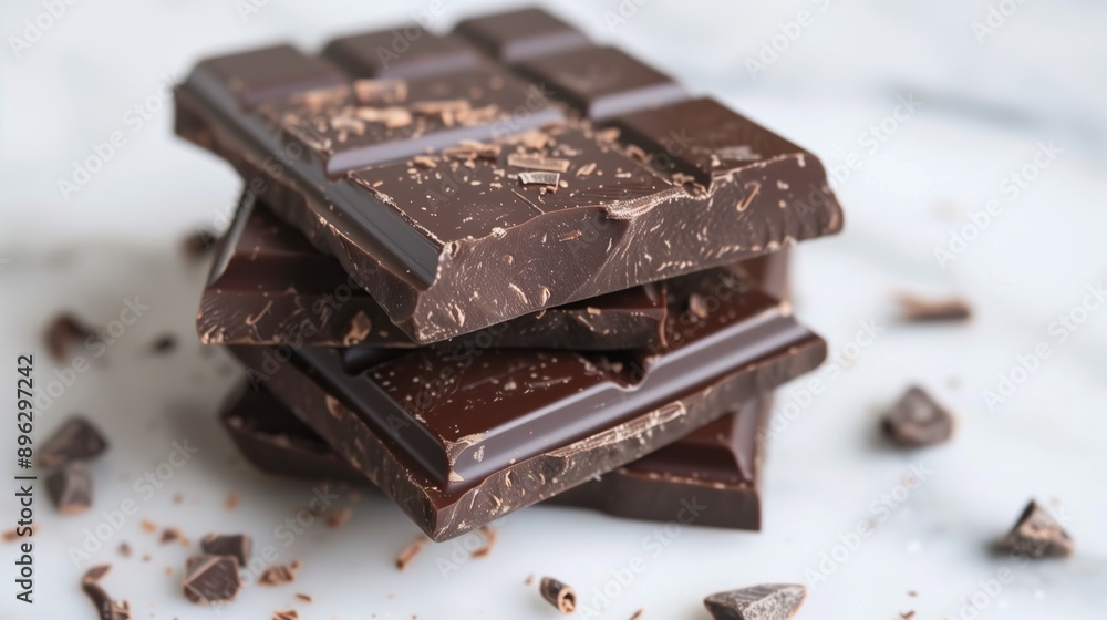 Close-up of slices of dark vegan chocolate bar on a white table. Healthy chocolate product for diet Close-up of slices of dark vegan chocolate bar on a white table. Healthy chocolate product for diet