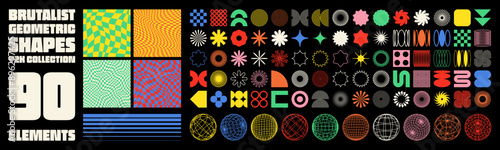 Brutalist geometric shapes, modern symbols. Groovy checkered pattern, distorted tiled grid. Simple elements, forms. Retro design, trendy contemporary minimalist style, y2k. Vector illustration