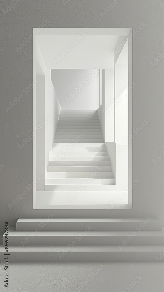 A white staircase leading upwards is seen through an open doorway in a modern building A white staircase leading upwards is seen through an open doorway in a modern building