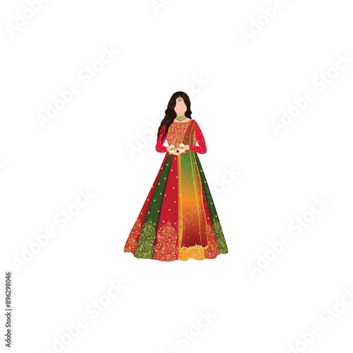 Vector cute indian couple cartoon in traditional dress posing for wedding invitation card design. Indian Floral Wedding Invitation Card template for Haldi, Mehndi, Sangeet, qawali night, dholki, Mayou