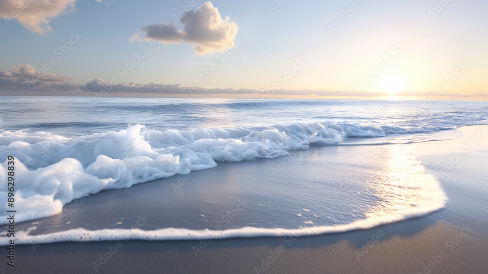Fototapeta premium Soft waves roll onto the sandy beach as the sun rises, casting a golden glow over the serene ocean.
